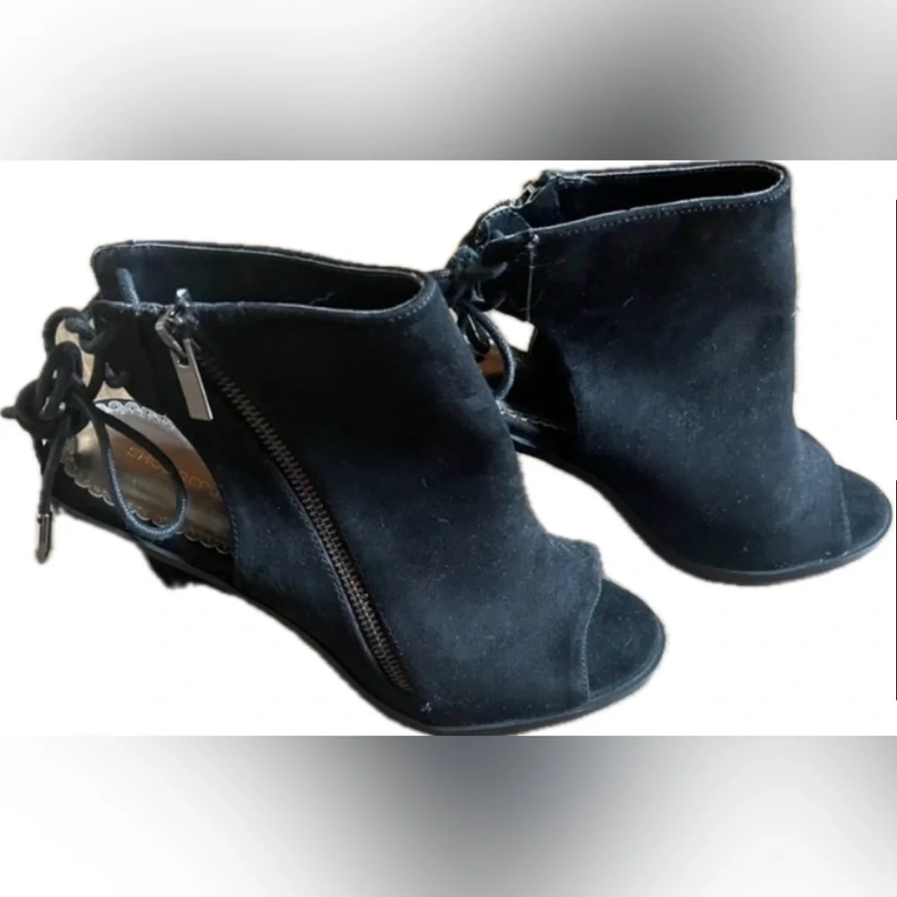 Black Peep Toe Booties with side zipper and chunky heel. NWOT. Women’s size 8.5